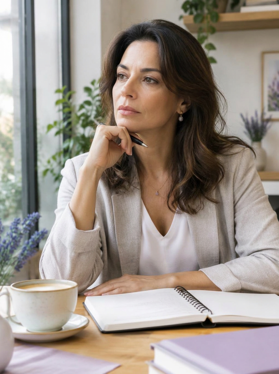 Mulher adulta contemplativa diante da necessidade de estabelecer limites